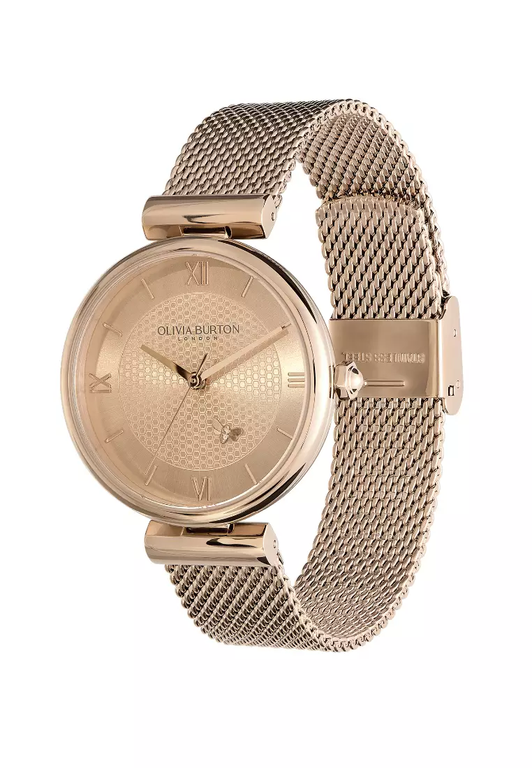 Olivia Burton 36mm Minima Bee T-Bar Carnation Gold Mesh Watch - 24000097