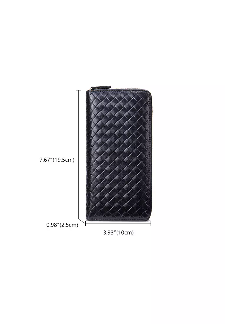 Plain Weave Genuine Leather Zipper Clutch Purse Long Wallet