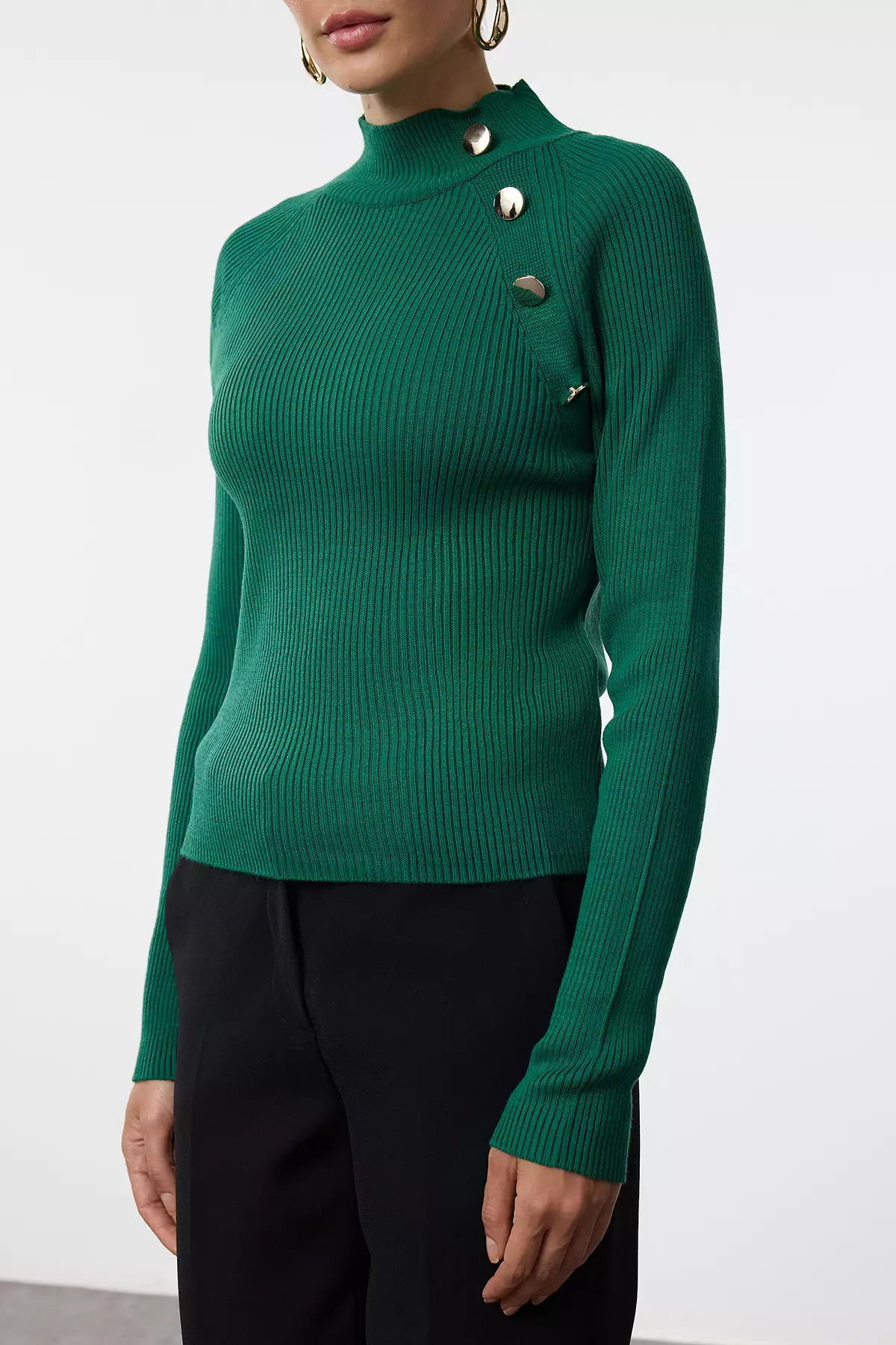 Green Button Stand Collar Detail Slim Fitted/Full Body Knitwear Sweater