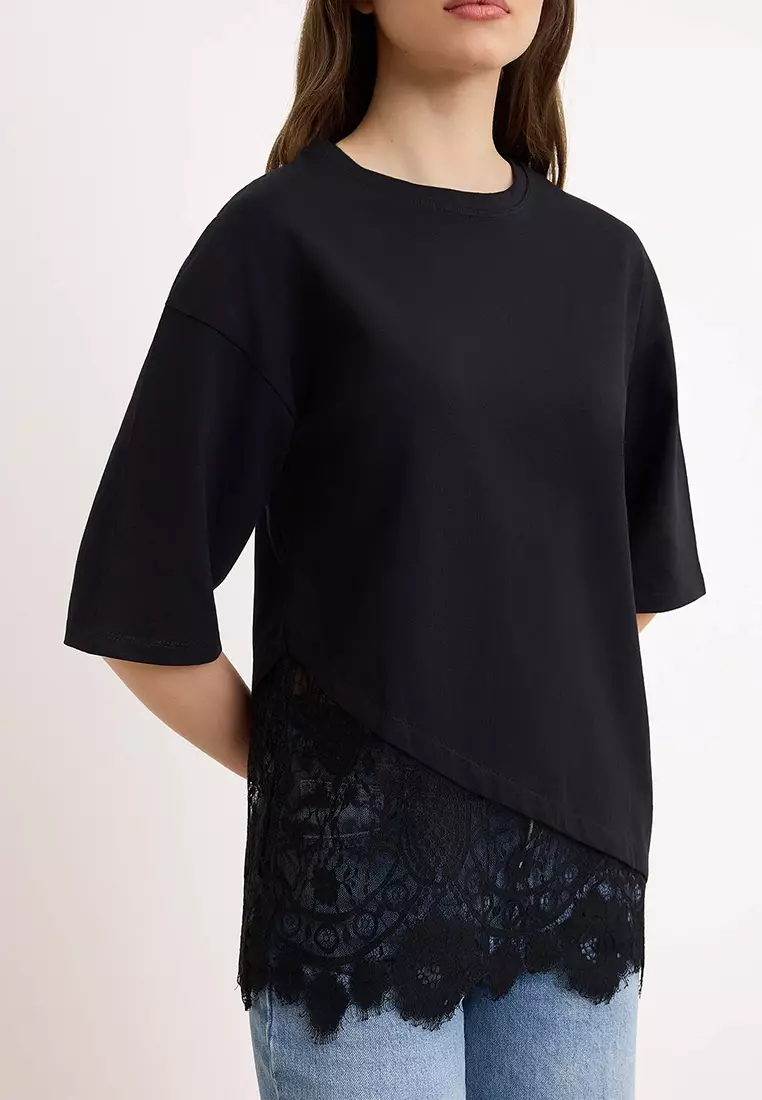 Black Regular/Normal Fit Lace Detailed Short Sleeve Knitted T-Shirt Twoss26Ts33