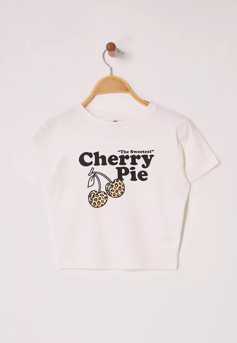 Ecru Slogan Printed Crop Fitted Knitted T-Shirt