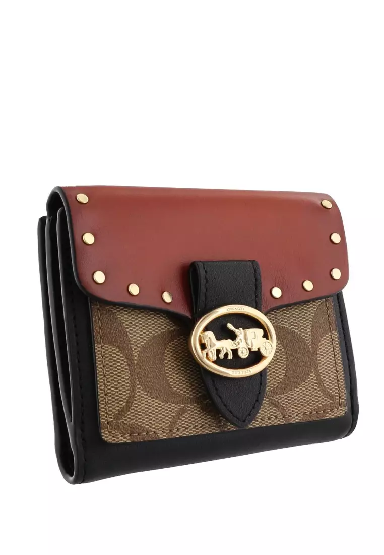 Georgie Small Wallet In Colorblock Signature Canvas With Rivets - Brown/Terracotta