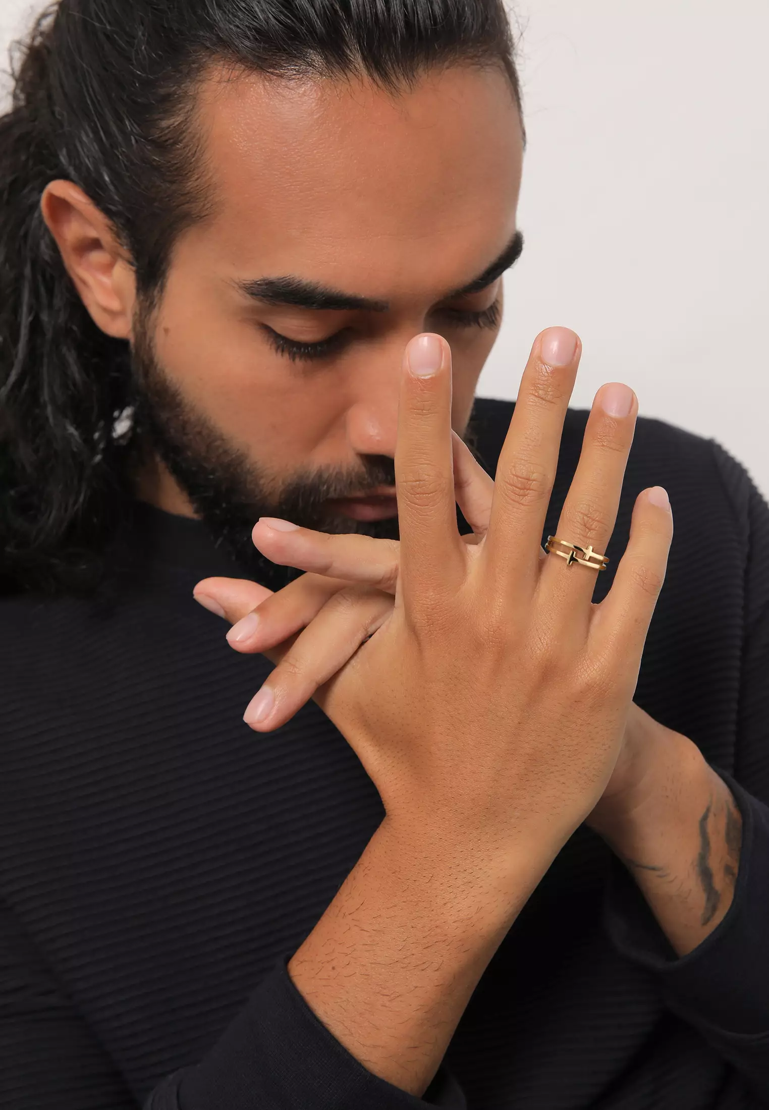 Ring Men Cross Double Modern Gold Plated