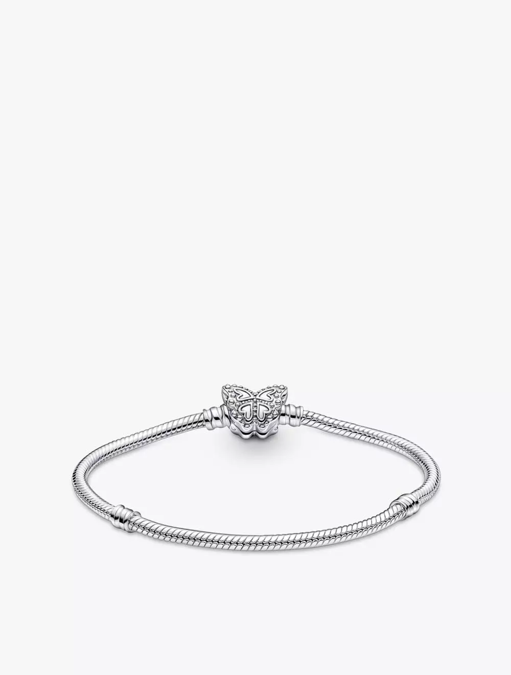 Snake chain sterling silver bracelet with butterfly clasp with clear cubic zirconia