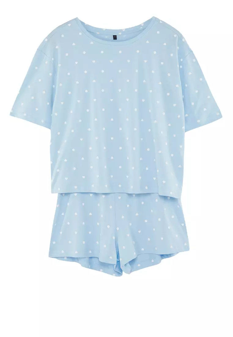 Blue 100% Cotton Polka Dot and Heart Shorts Knitted Pajama Set THMSS21PT1485