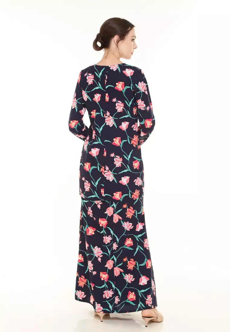 Rina Printed Kurung in Black Orange Flower