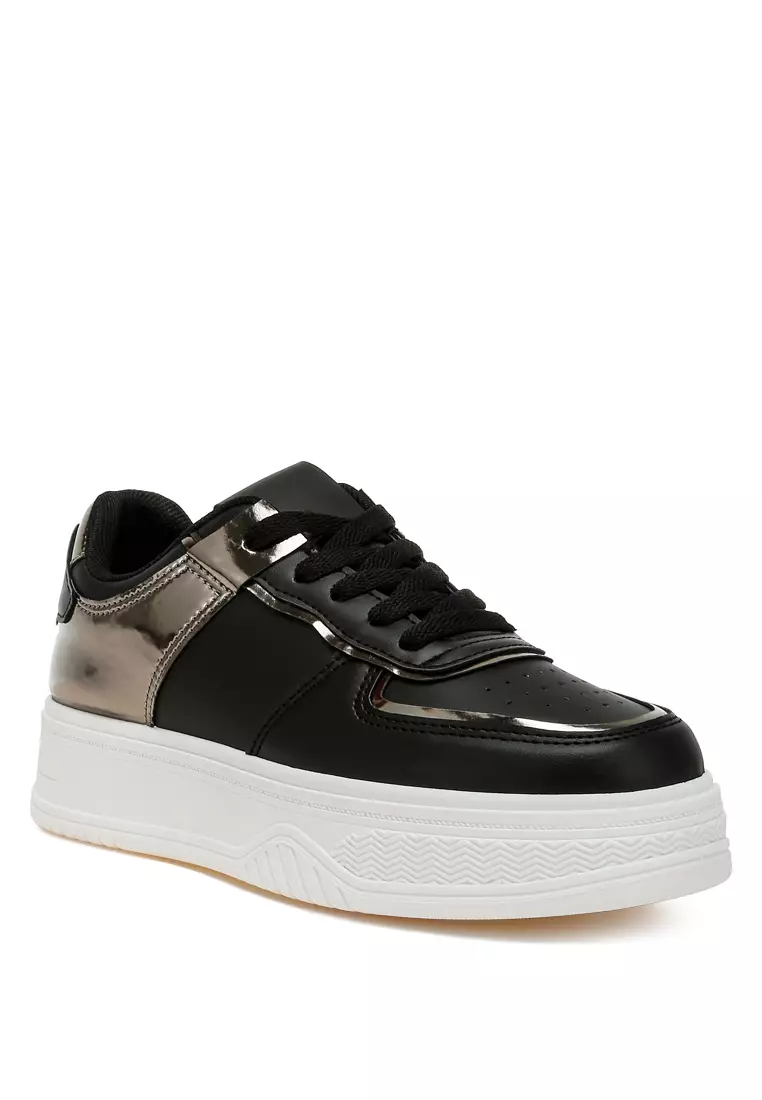 Metallic Paneling Platform Sneakers in Black Pewter