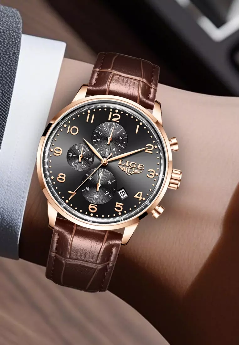 Chronograph Unisex Rose Gold Colored Quartz Watch 43mm, black dial, Brown Leather Strap