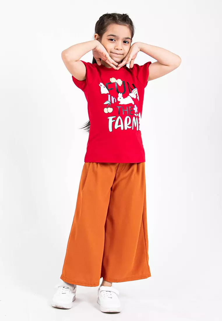Forest Kids Girls Cotton Interlock Short Sleeve Graphic Round Neck T-Shirt | Baju Budak Perempuan - FK820059-51Red