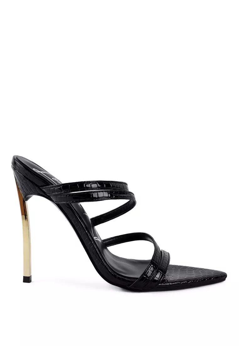 Discount on London Rag  shoes - SKU: Black Pointed Croc Textured High Heeled Sandals