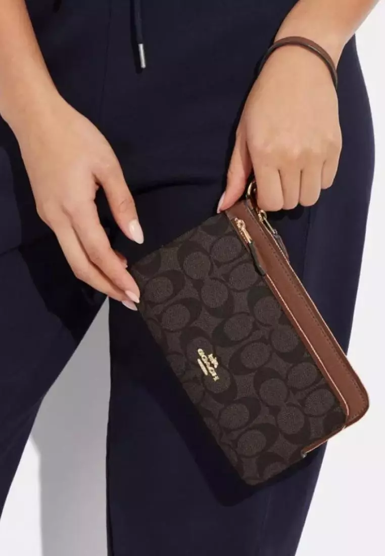 Coach Double Zip Wallet In Signature Canvas Brown Red