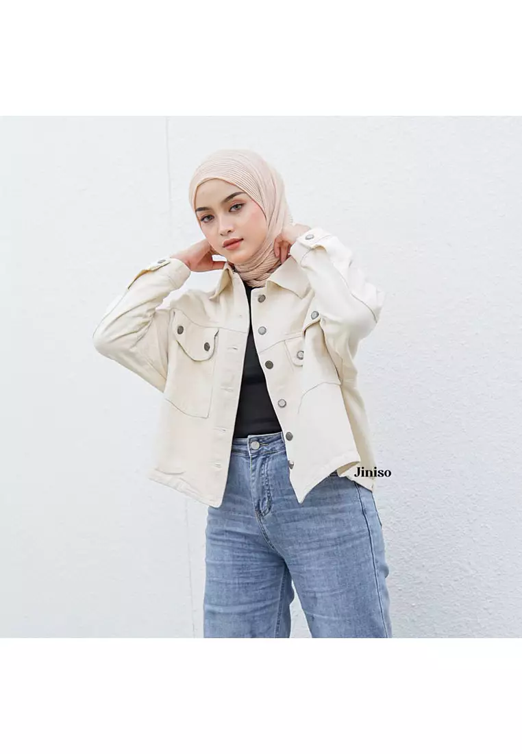 Jaket Crop Jeans Oversize Pocket Khaki