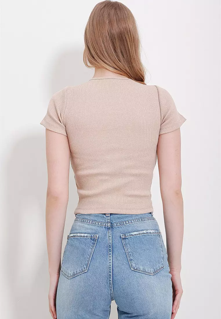 Crew Neck Drop Decollete Half Sleeve Knitted Blouse