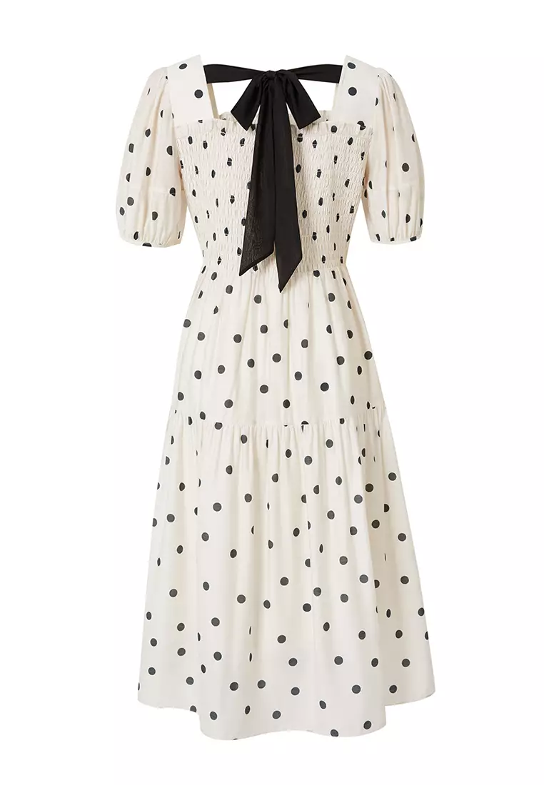 Square Neck Smocked Waist Polka Dot Dress
