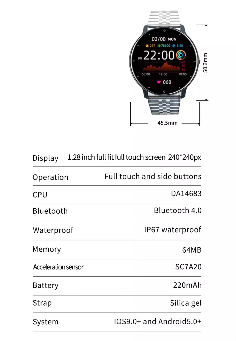 Unisex IOS/Android Black SmartWatch with Stainless Steel Bracelet + 1 Free Black Rubber Strap