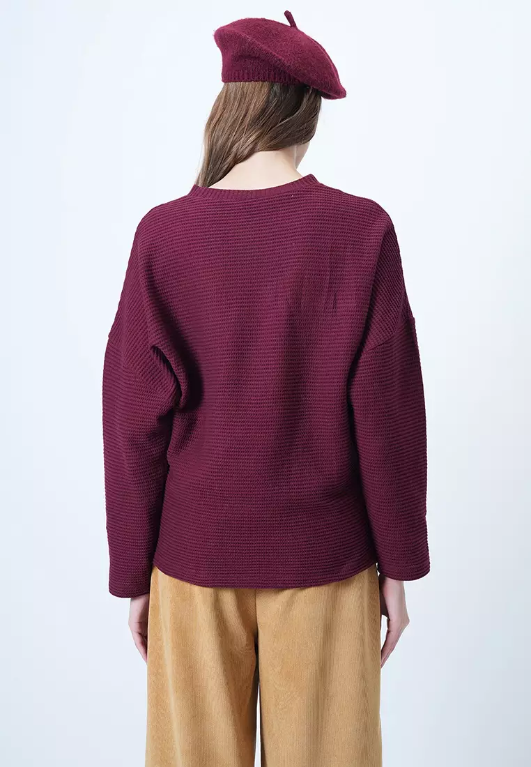 Women'S Burgundy Crew Neck Batwing Sleeve Wide Cut Basic Blouse Alc-X14391