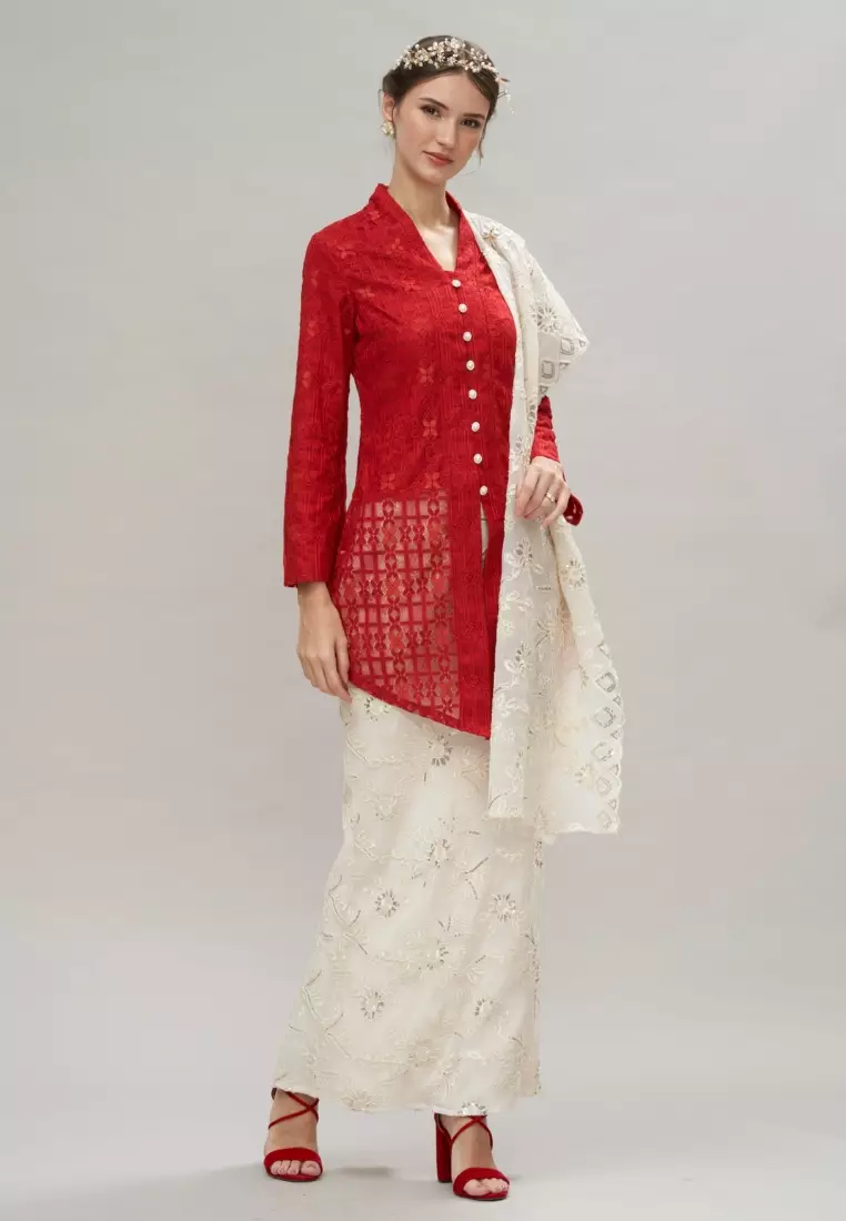 Red Checkered Lace Kebaya Top & Brokat Skirt
