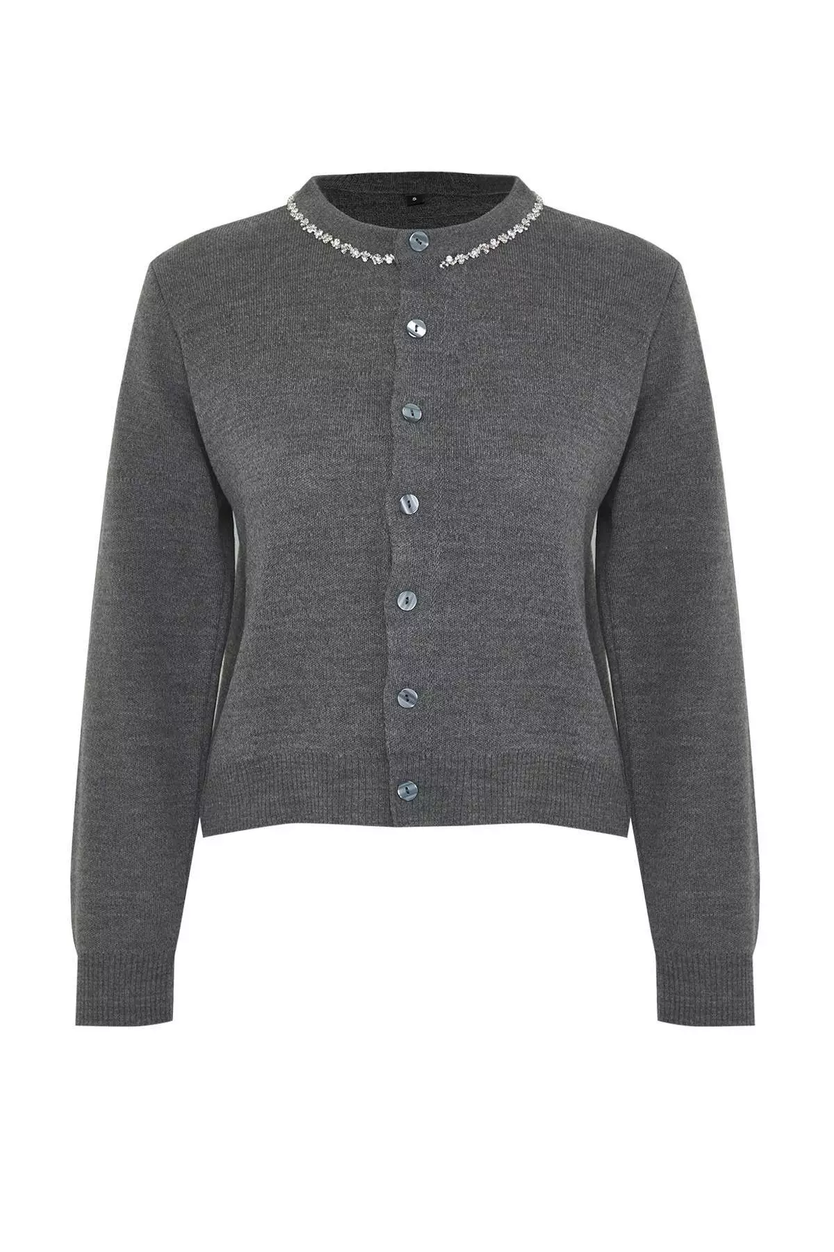 Anthracite Stone Detailed Soft Textured Double Knitwear Cardigan Blouse