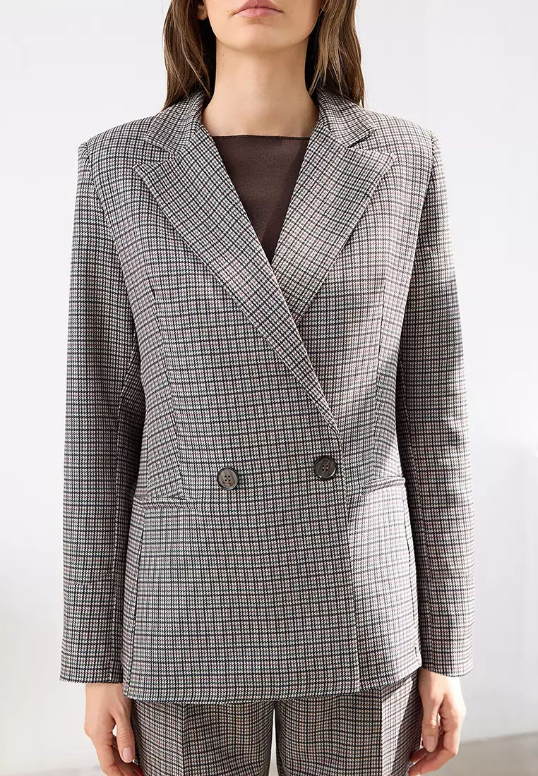 Brown Houndstooth Patterned Regular/Normal Pattern Woven Blazer Jacket