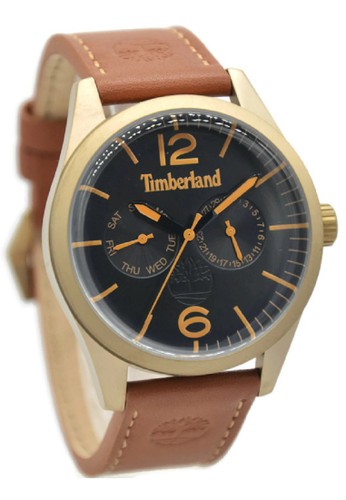 Timberland 15018JSK-02 Jam Tangan Pria Leather Strap Coklat Ring Gold Plat Hitam