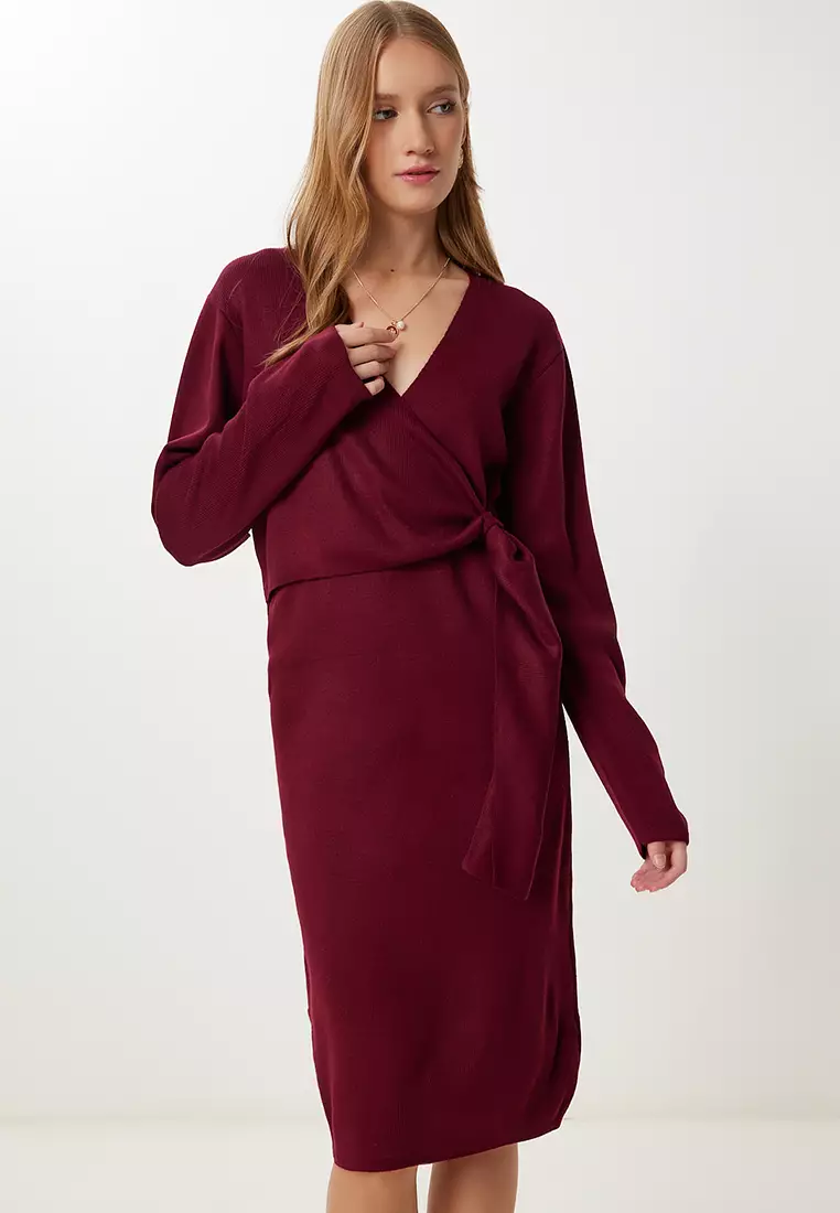Women's Burgundy Double Breasted Collar Knitwear Dress Pf00115
