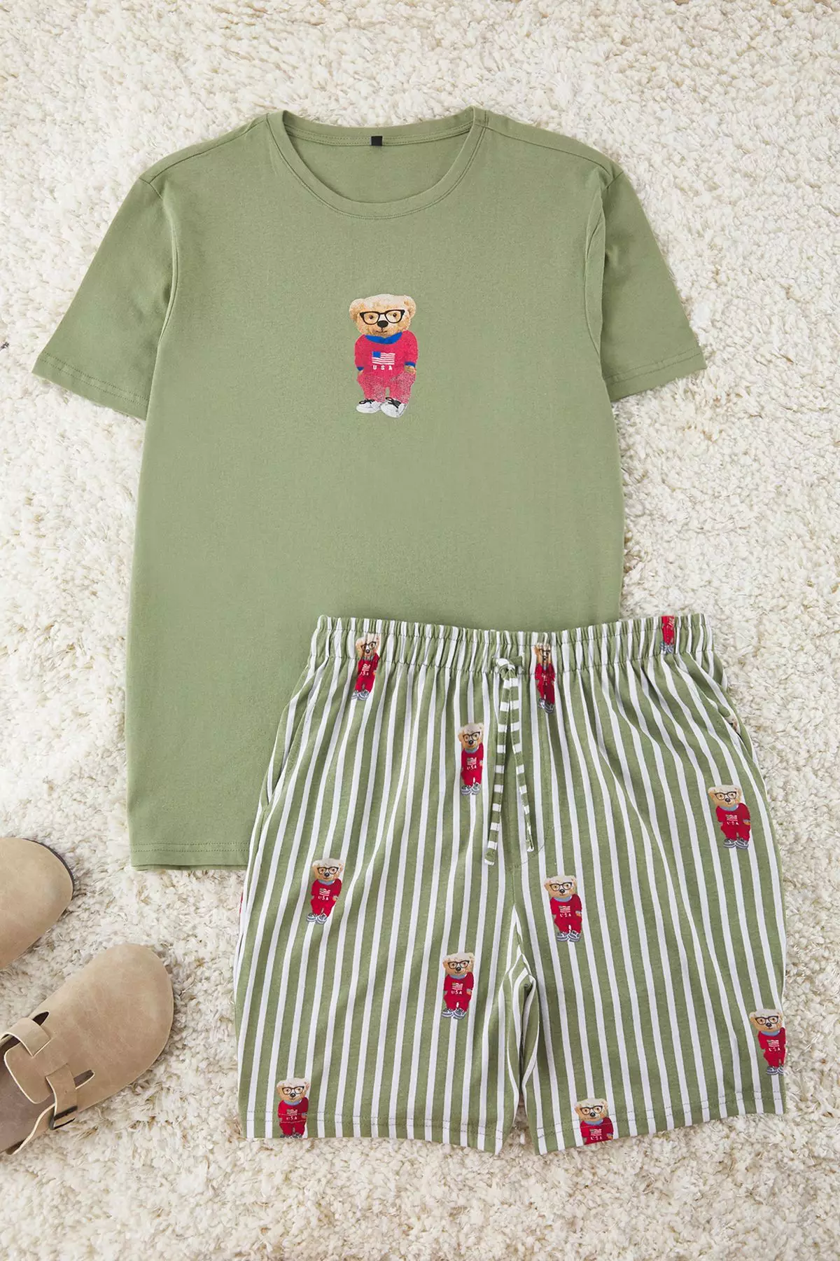 Khaki Regular Fit Printed Knitted Shorts Pajama Set TMNSS24PT00034