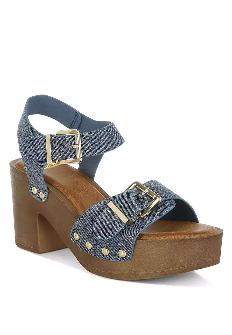Studded Denim Clog Sandals In Denim