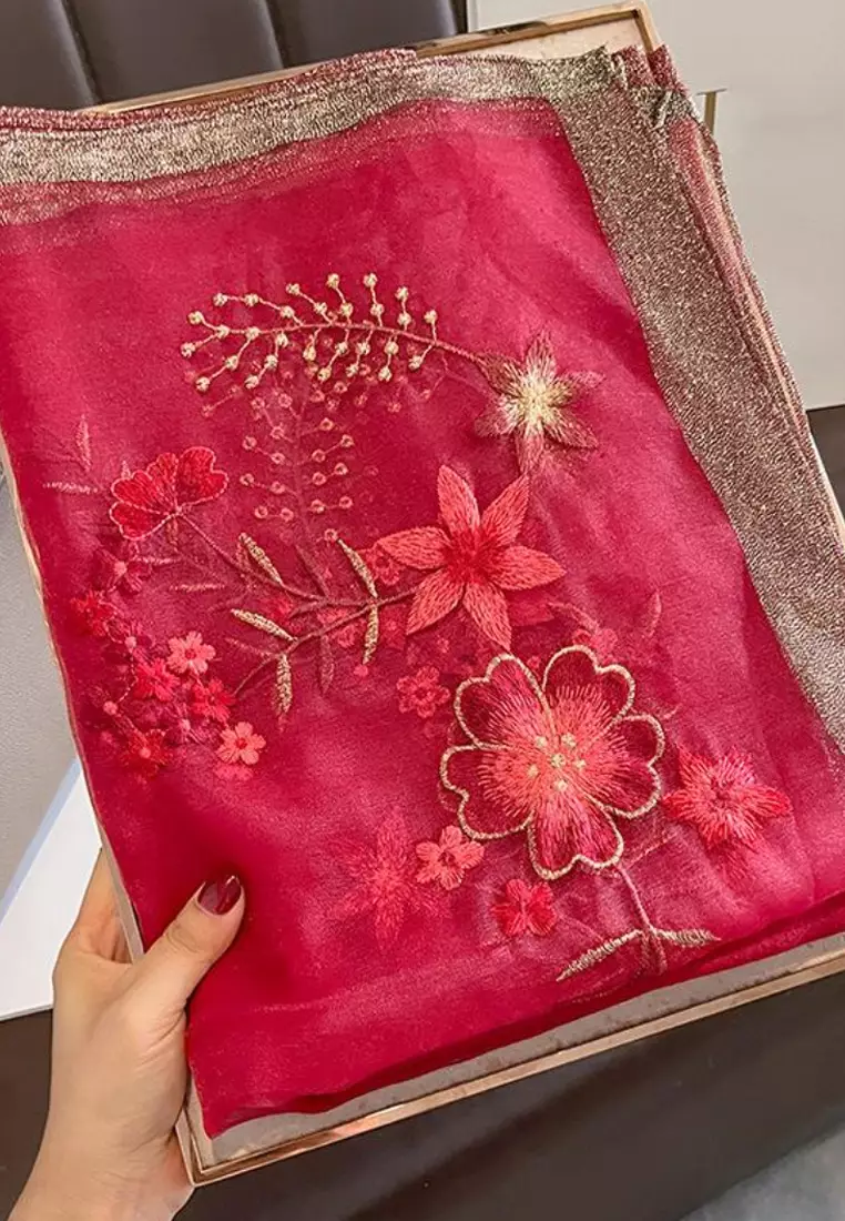 Golden Thread Embroidery Flowery Silk Shawl Syal Sutra Wanita DeepRed