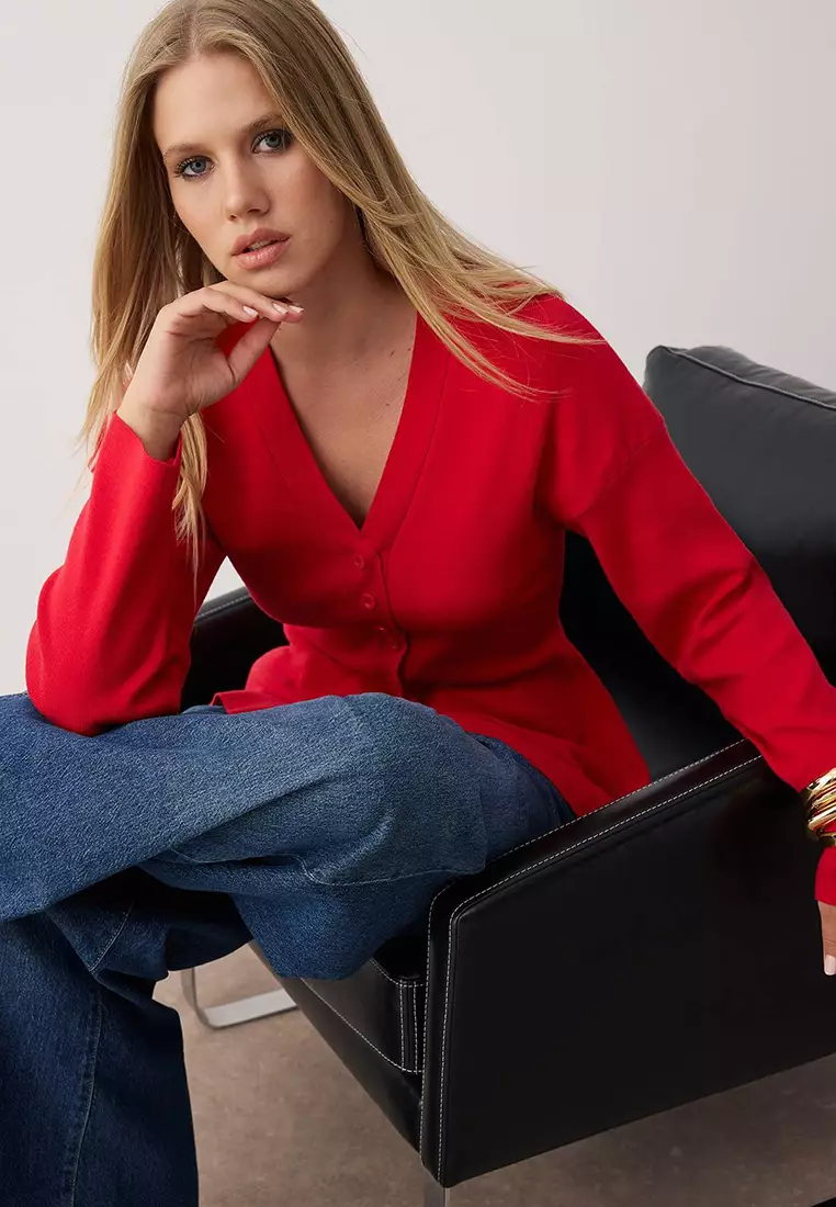 Red V Neck Mercerized Look Premium Yarn/Special Yarn Knitwear Cardigan
