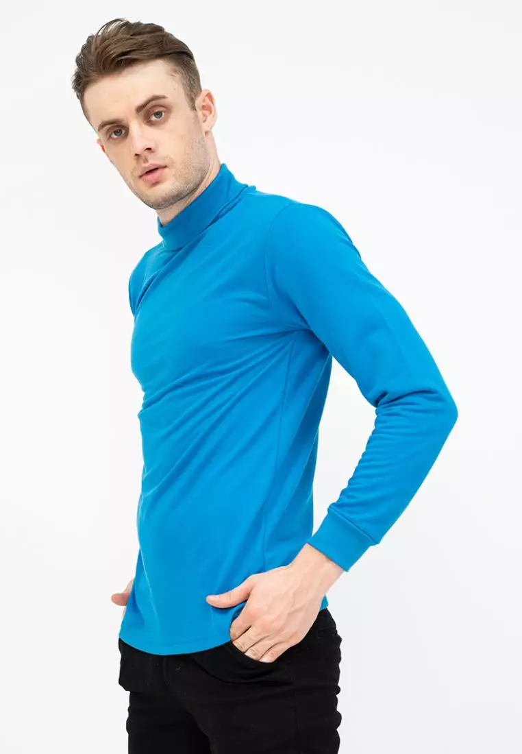 Turtle Neck pria lengan panjang biru muda kaos kerah tinggi slim fit houseofcuff
