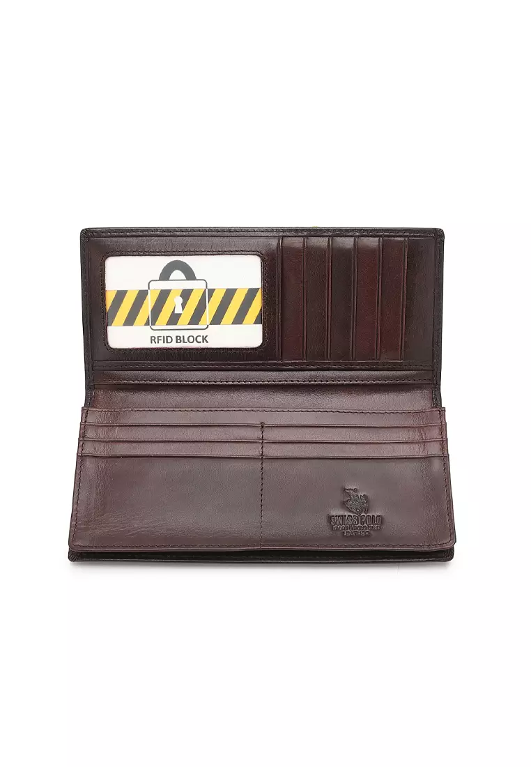 Genuine Leather RFID Blocking Long Wallet - Brown