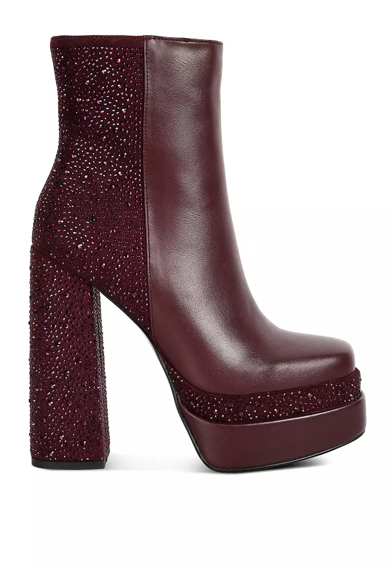 Discount on London Rag  shoes - SKU: Burgundy Diamante Zip Up Block Heel Boots