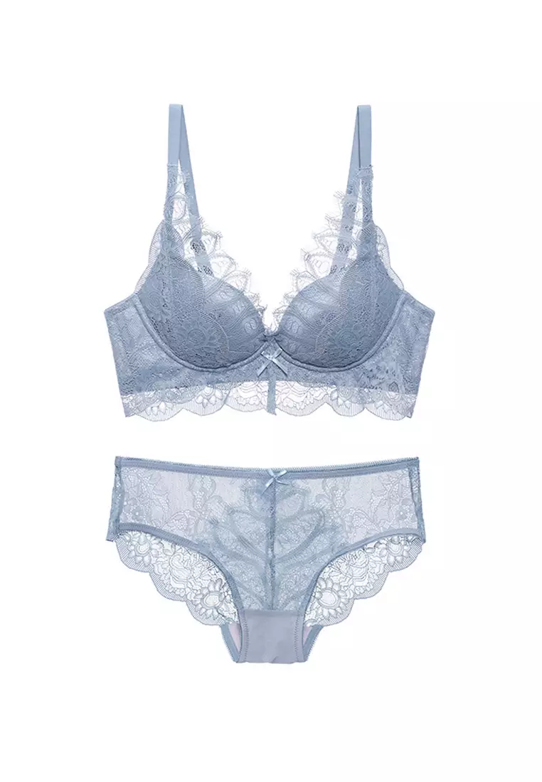 Buy ZITIQUE Women's 3/4 Cup Glossy Lace-trimmed Underwire Push Up Lingerie  Set (Bra And Underwear) - Blue in 2024 Online