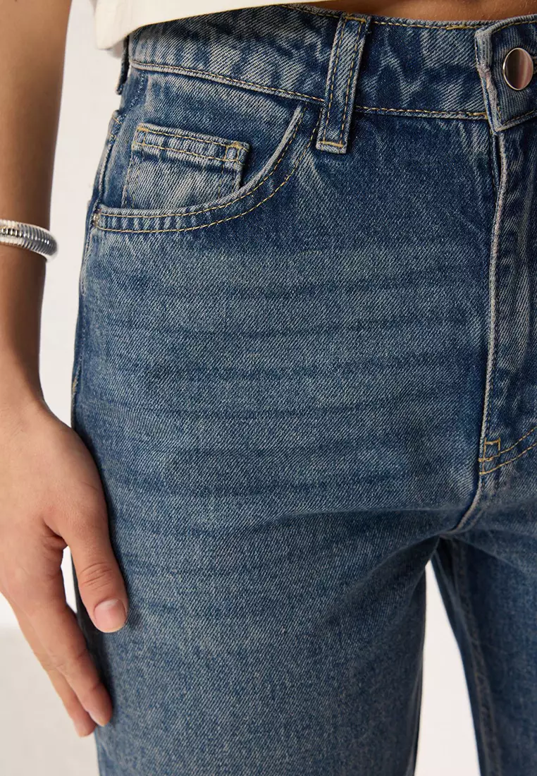 Blue Leg Cutout High Waist Straight Jeans Twoaw25Je00307