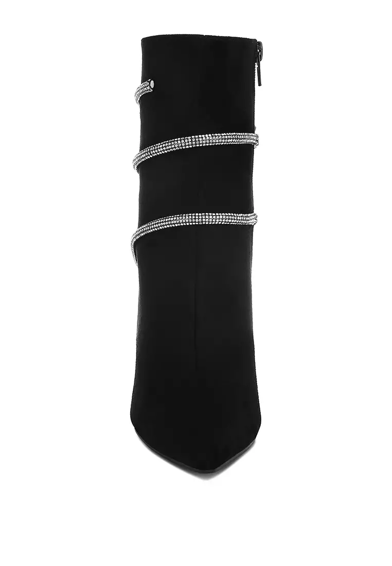 Rhinestone Wrap-Around Stiletto Boots in Black