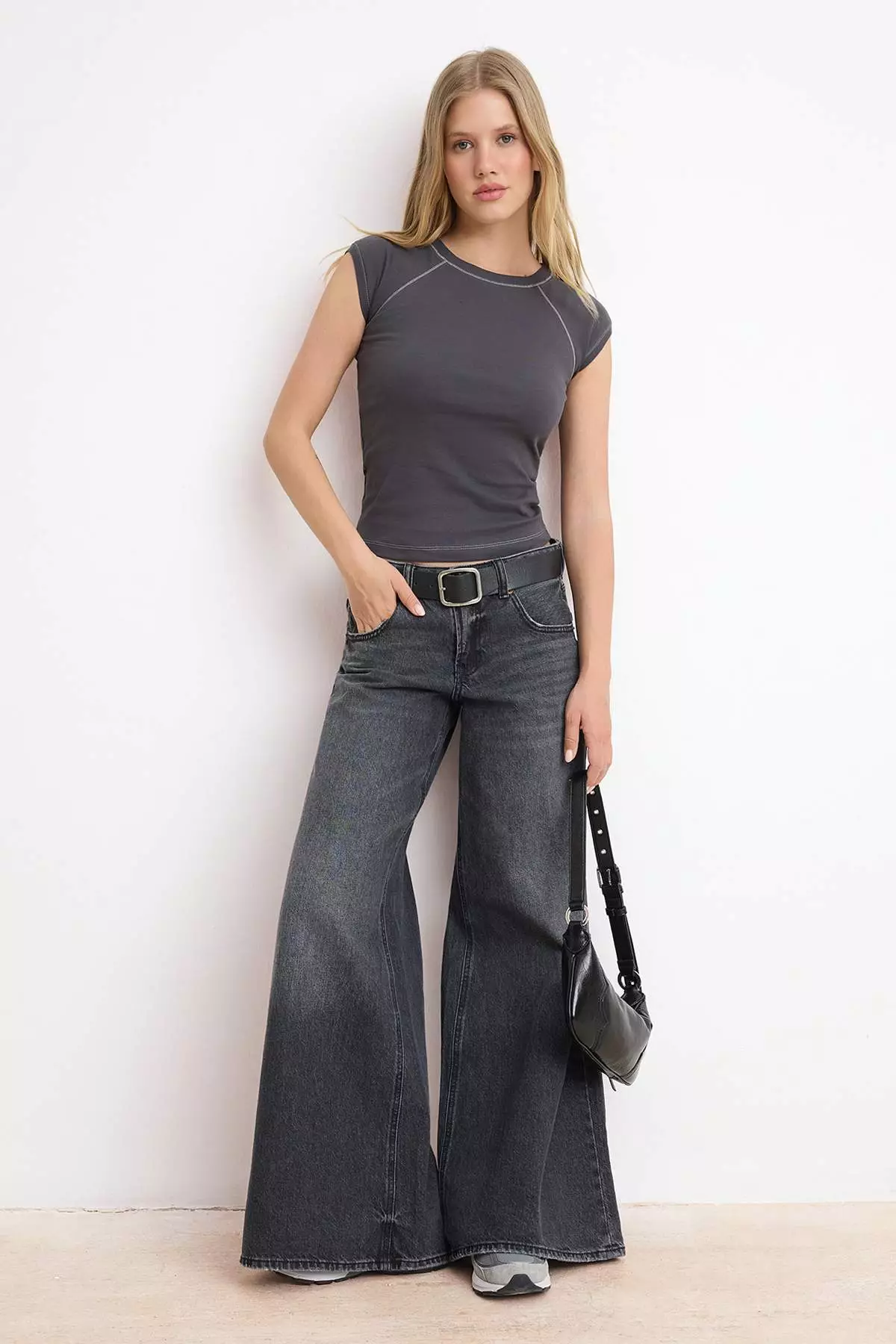 Anthracite Fitted Raglan Sleeve Short Sleeve Ribbed/Camisole Knitted Blouse Twoss26Bz618