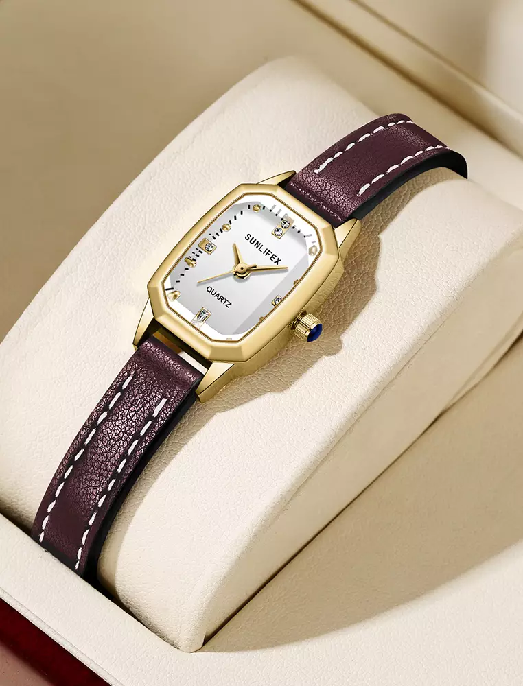 Jam Tangan Wanita Mode Tali Kulit Gaya retro Korea Berlian Jam Tangan Cewek coffee white