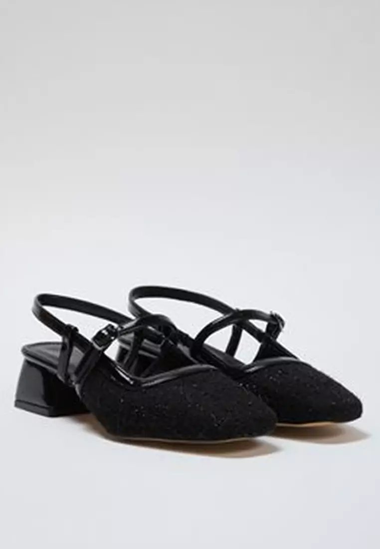 Black Tweed Square Toe Mary Jane Women Block Heels Shoes Takss25To00023