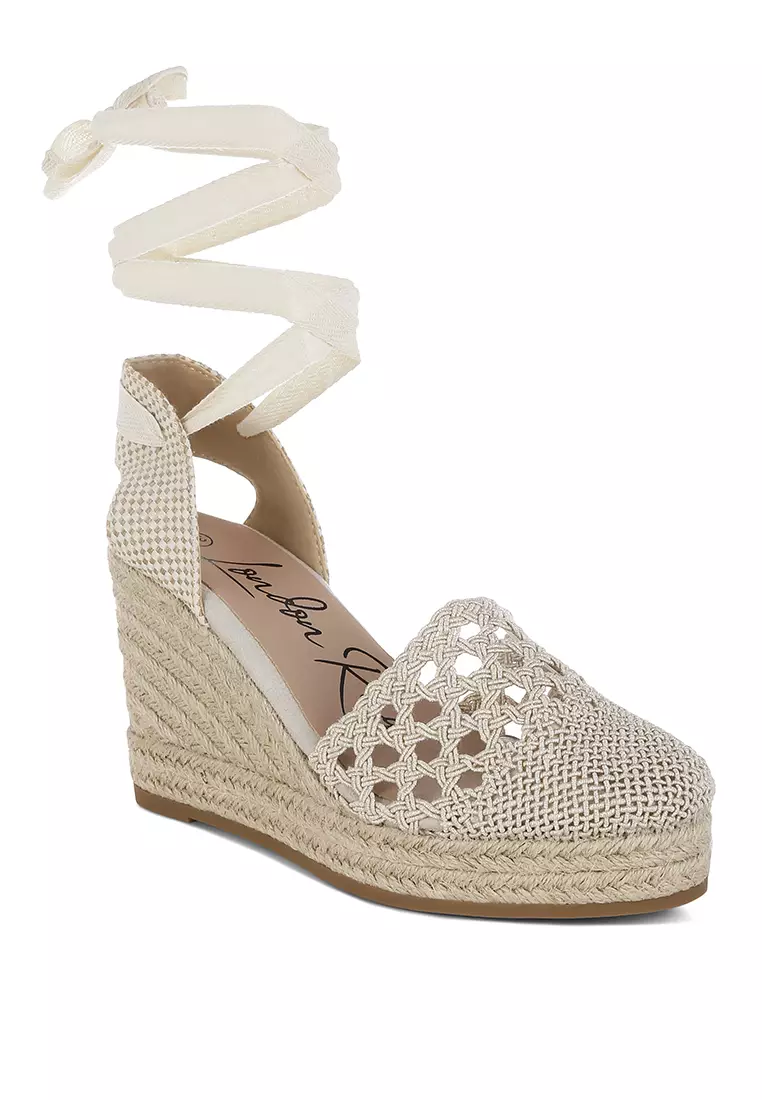 Beige Woven Lace-Up Espadrille Wedges