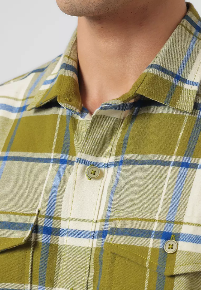 MELVINS - GREEN Kemeja Flannel Pria Motif Kotak-Kotak Lengan Panjang Relaxed Fit