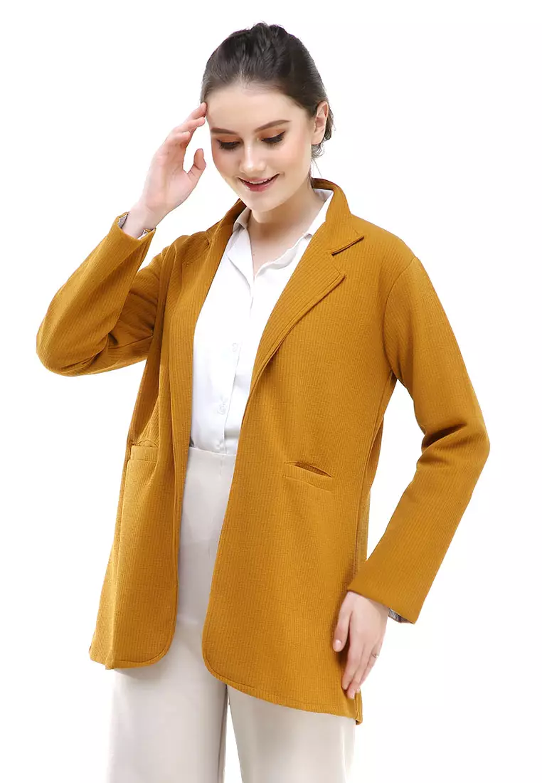Qemsya Blazer Wanita Two Pockets Two Tone Casual Longsleeve Outer Material Bubbly Strecth ORIGINAL - Mustard