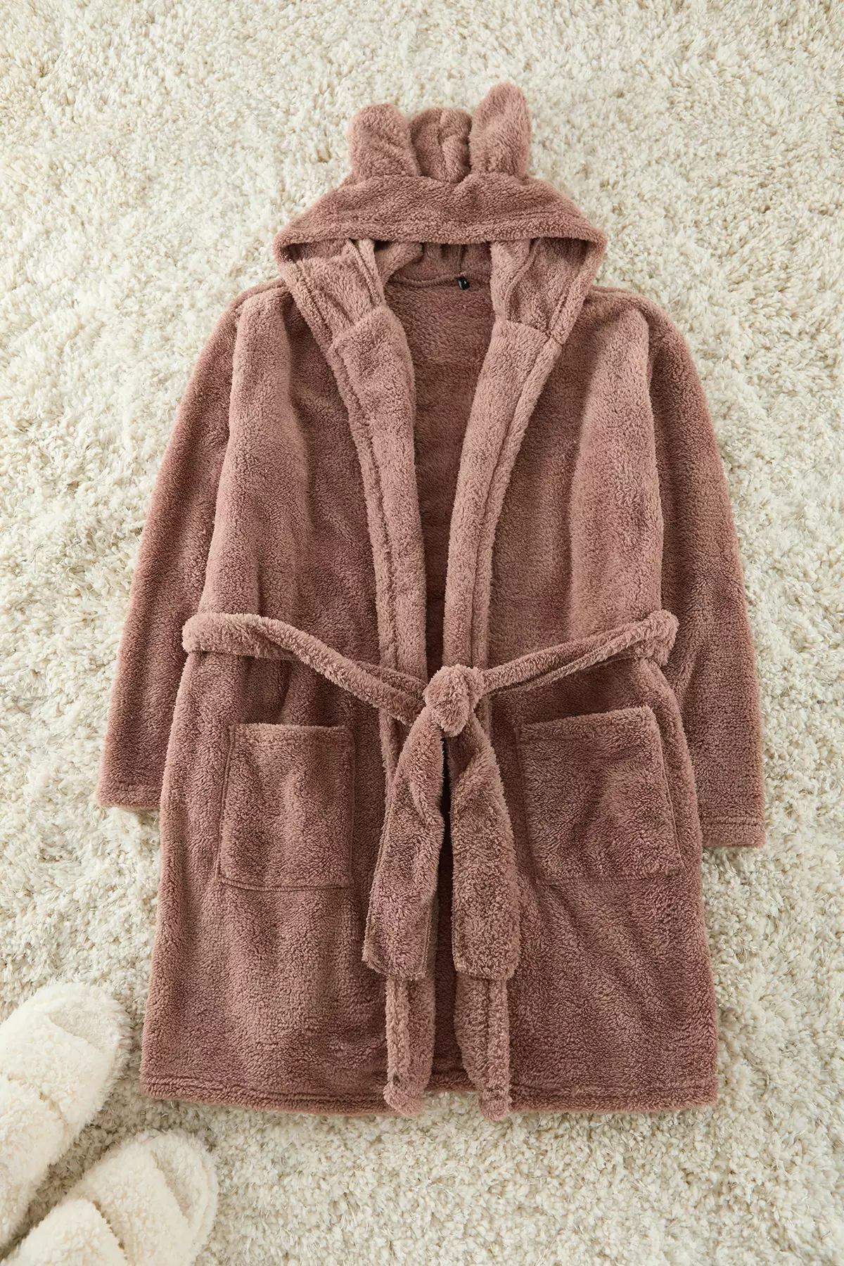 Brown Belted Hood, Ear And Pocket Detailed Wellsoft Winter Knitted Dressing Gown