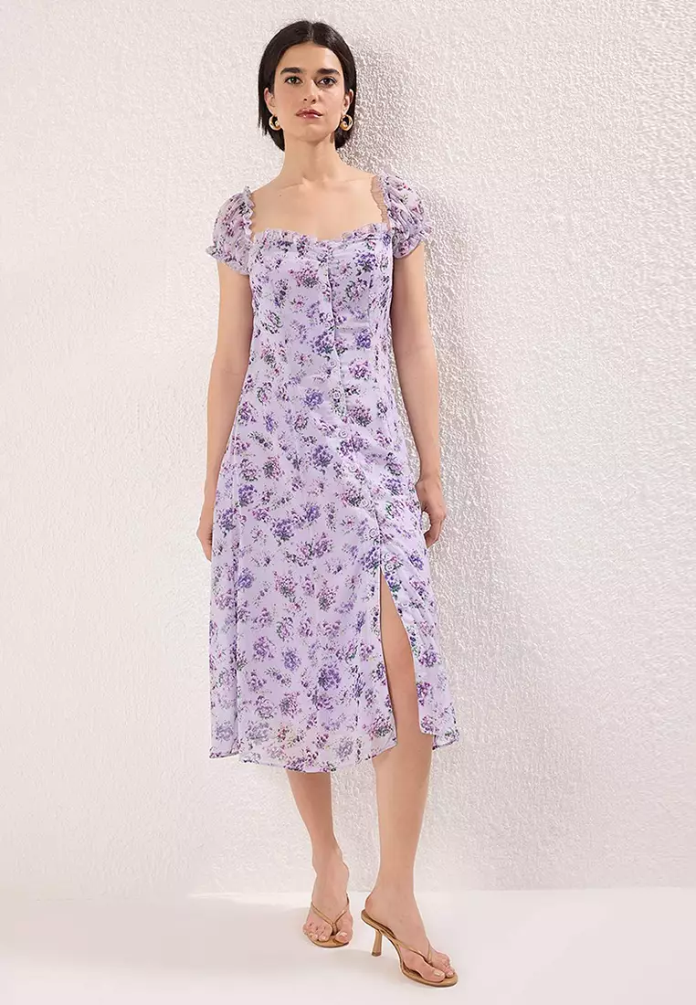 Lilac Floral Midi Lined Chiffon Woven Shirt Dress Twoss25El00563