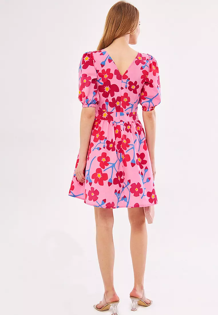 V Neck Balloon Sleeves Mini Dress