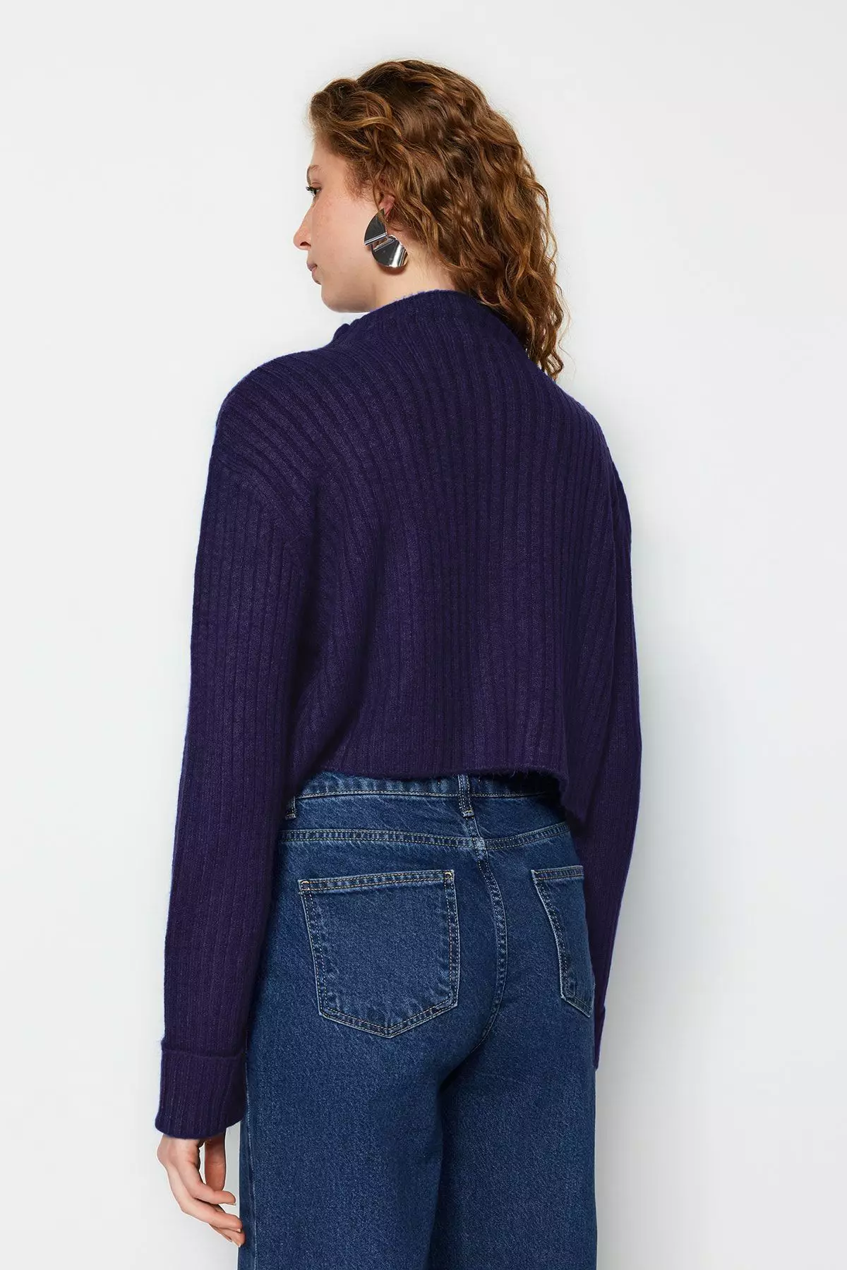 Navy Blue Crop Soft Textured Stand Collar Knitwear Cardigan