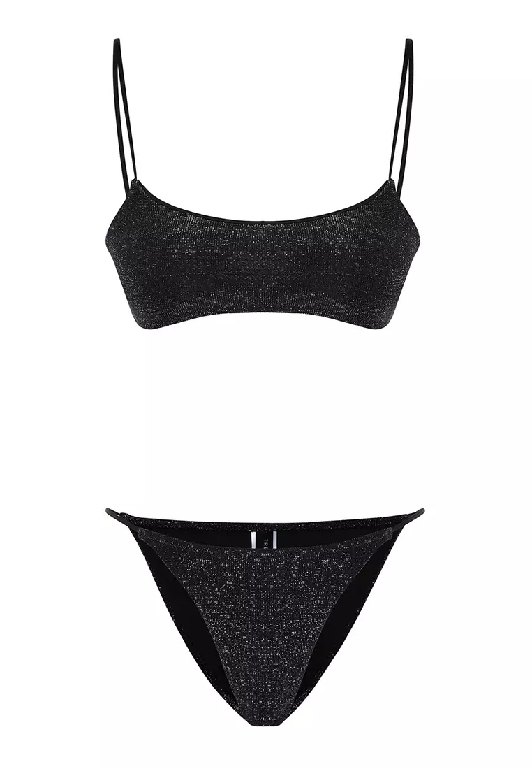 Buy Trendyol Silvery Black Bralette High Leg Bikini Set Online ZALORA