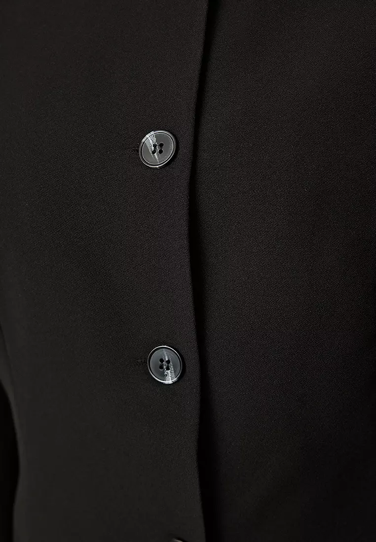 Black Round / Crew Neck Fitted Waist Woven Blazer Jacket