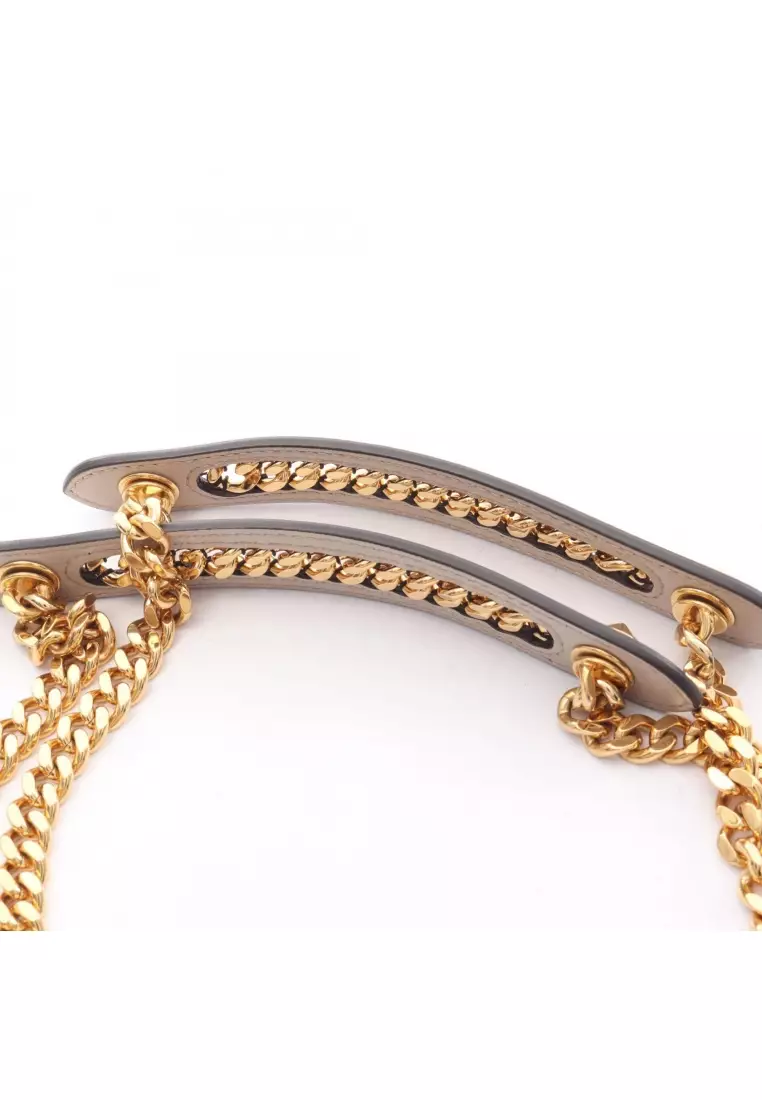 Pre-Loved Fendi DOT COM dot com click W chain shoulder bag leather Gray beige