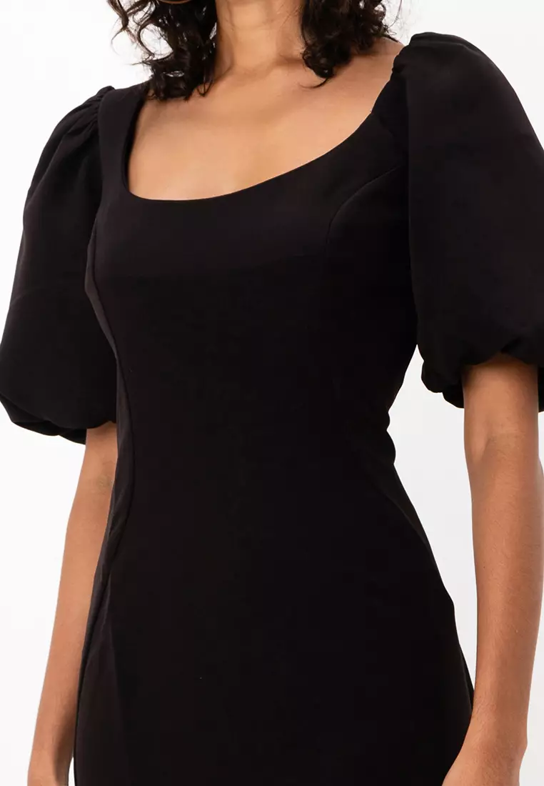 Puff Sleeve Midi Dress With Asymmetric Neck Line