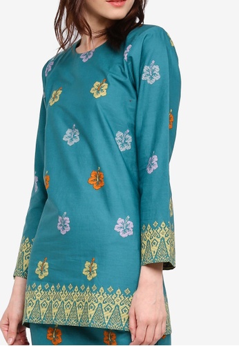 Buy Cotton Modern Kurung With Songket Print (BRaya) from Kasih in Green and Blue and Multi only 199